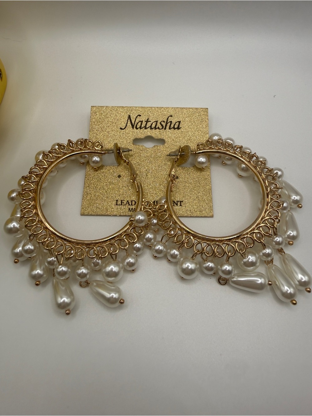 Natasha Couture Gold Hoop Earrings with Pearl Drops - White Pearls